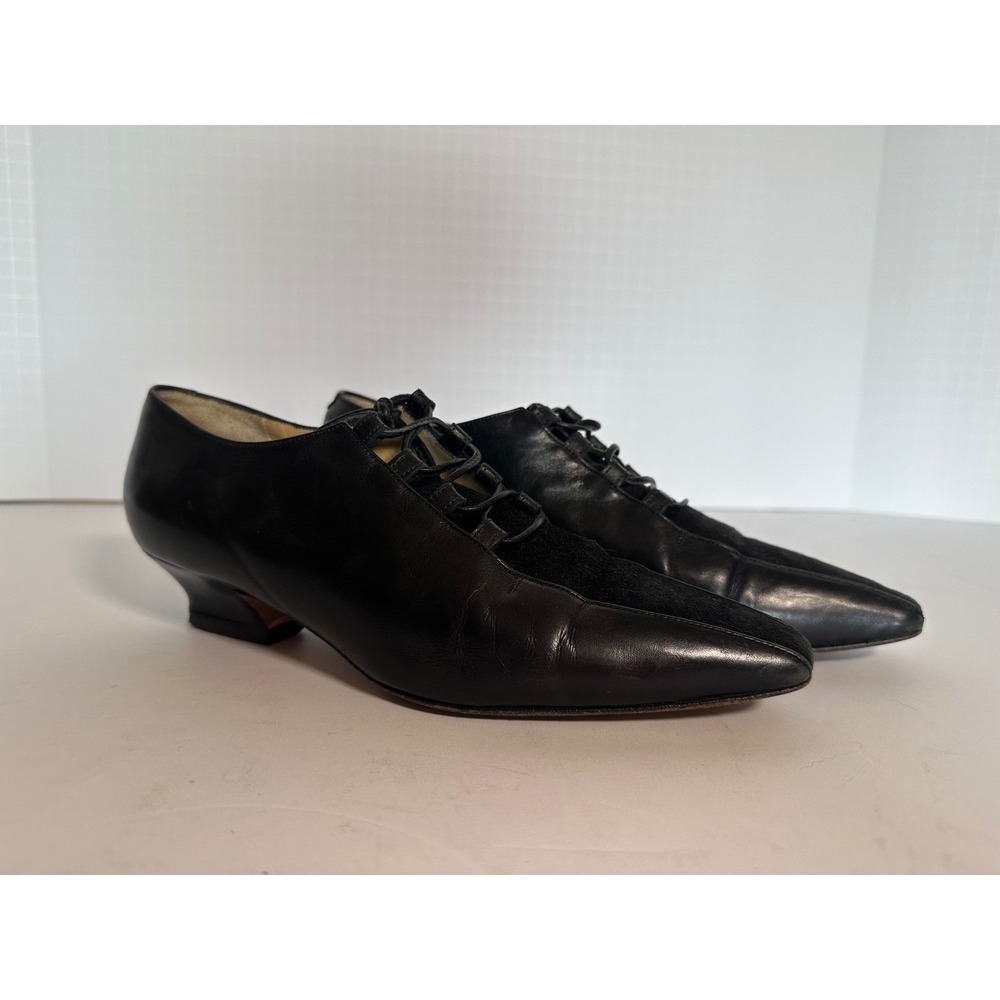 Vintage Barneys New York Black Leather Suede Lace Up Pointed Toe Kitten Heel 6.5